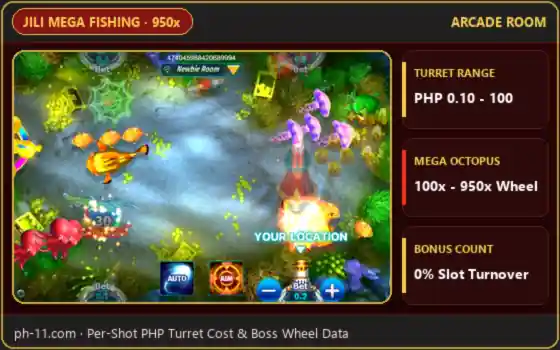 PH11 JILI Mega Fishing cannon per-shot peso cost and 950x Mega Octopus wheel