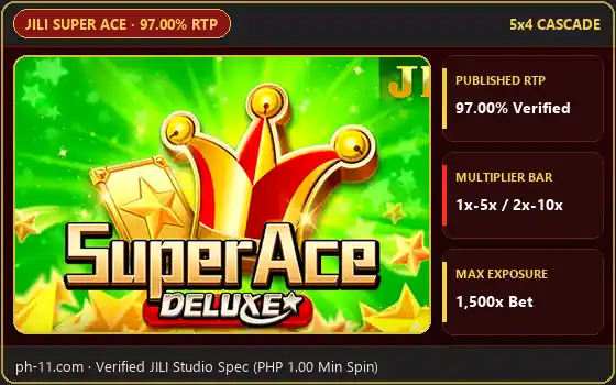 JILI Super Ace 97.00% RTP cascade grid and 10x free spins math on PH11